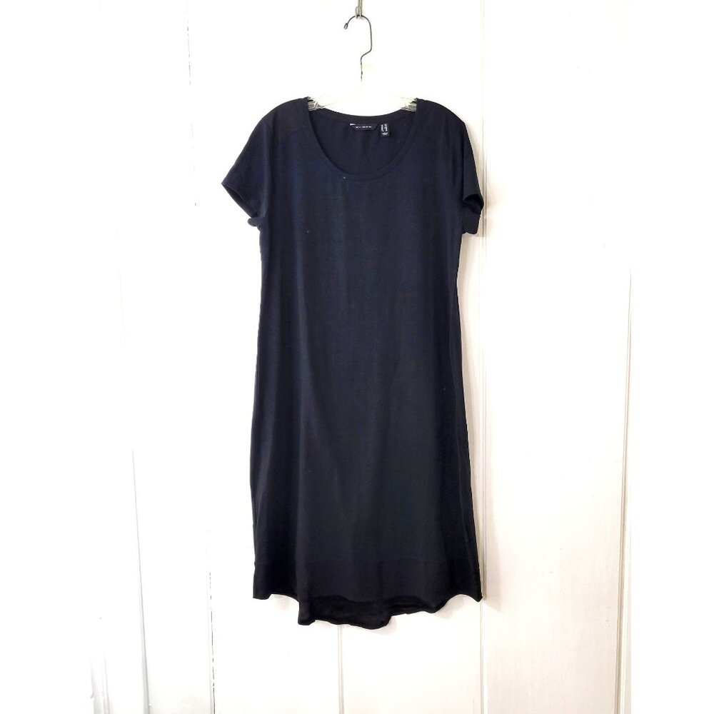 H by Halston Black Short Sleeve Mid-Length T-Shirt Dress with Matte Satin Trim
